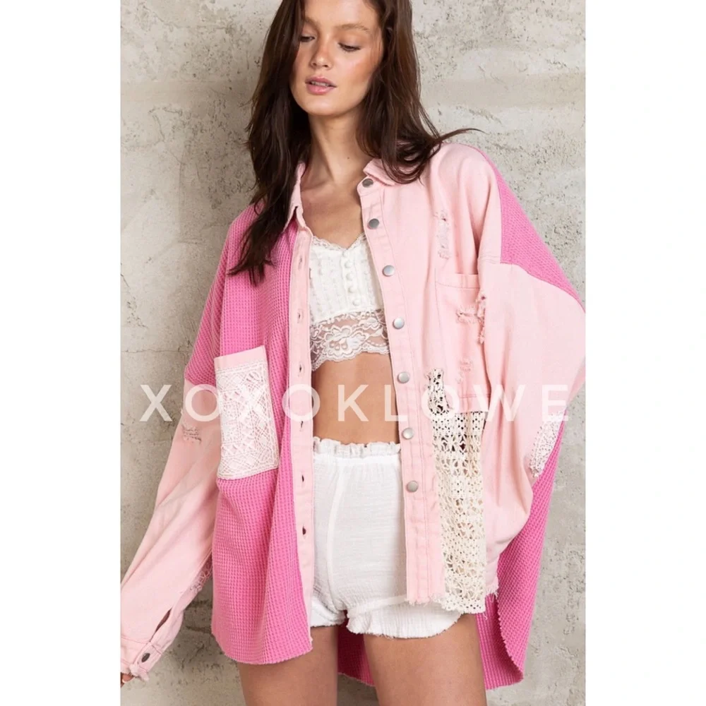 LAST ONE POL Pink Patchwork Button Down Crochet Lace Denim Oversized Fit - Picture 3 of 15